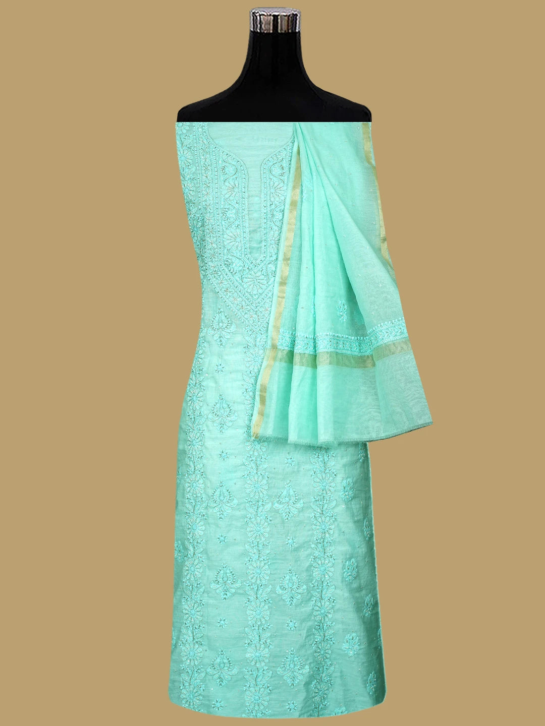 Ada Hand Embroidered Seafoam Green Chanderi Lucknowi Chikankari Unstitched Kurta Dupatta Set With Cutdana Work 01A850044