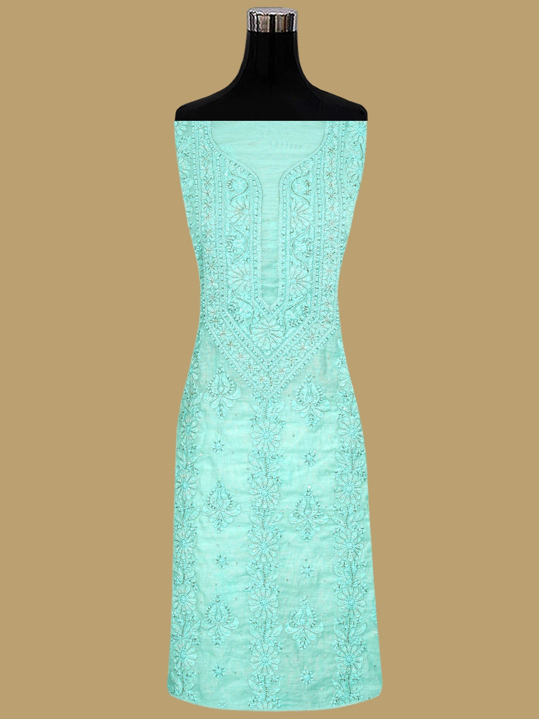 Ada Hand Embroidered Seafoam Green Chanderi Lucknowi Chikankari Unstitched Kurta Dupatta Set With Cutdana Work 01A850044
