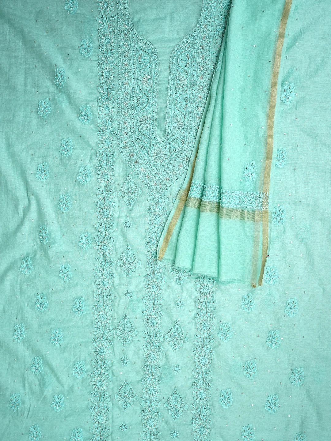 Ada Hand Embroidered Seafoam Green Chanderi Lucknowi Chikankari Unstitched Kurta Dupatta Set With Cutdana Work 01A850044