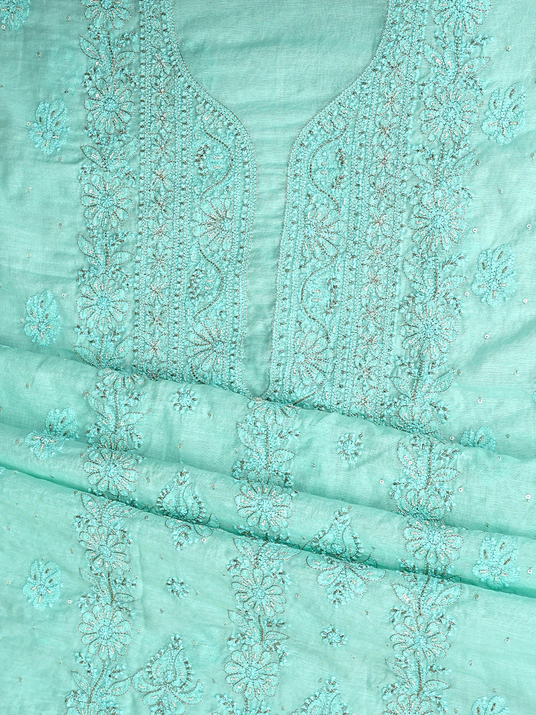 Ada Hand Embroidered Seafoam Green Chanderi Lucknowi Chikankari Unstitched Kurta Dupatta Set With Cutdana Work 01A850044
