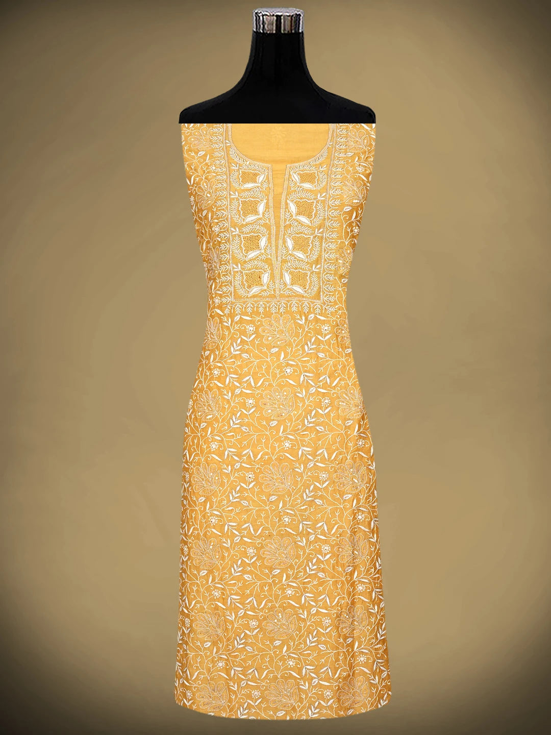 Ada Hand Embroidered Fire Yellow Chanderi Lucknowi Chikankari Unstitched Kurta Dupatta Set With Zari Work 01A873667