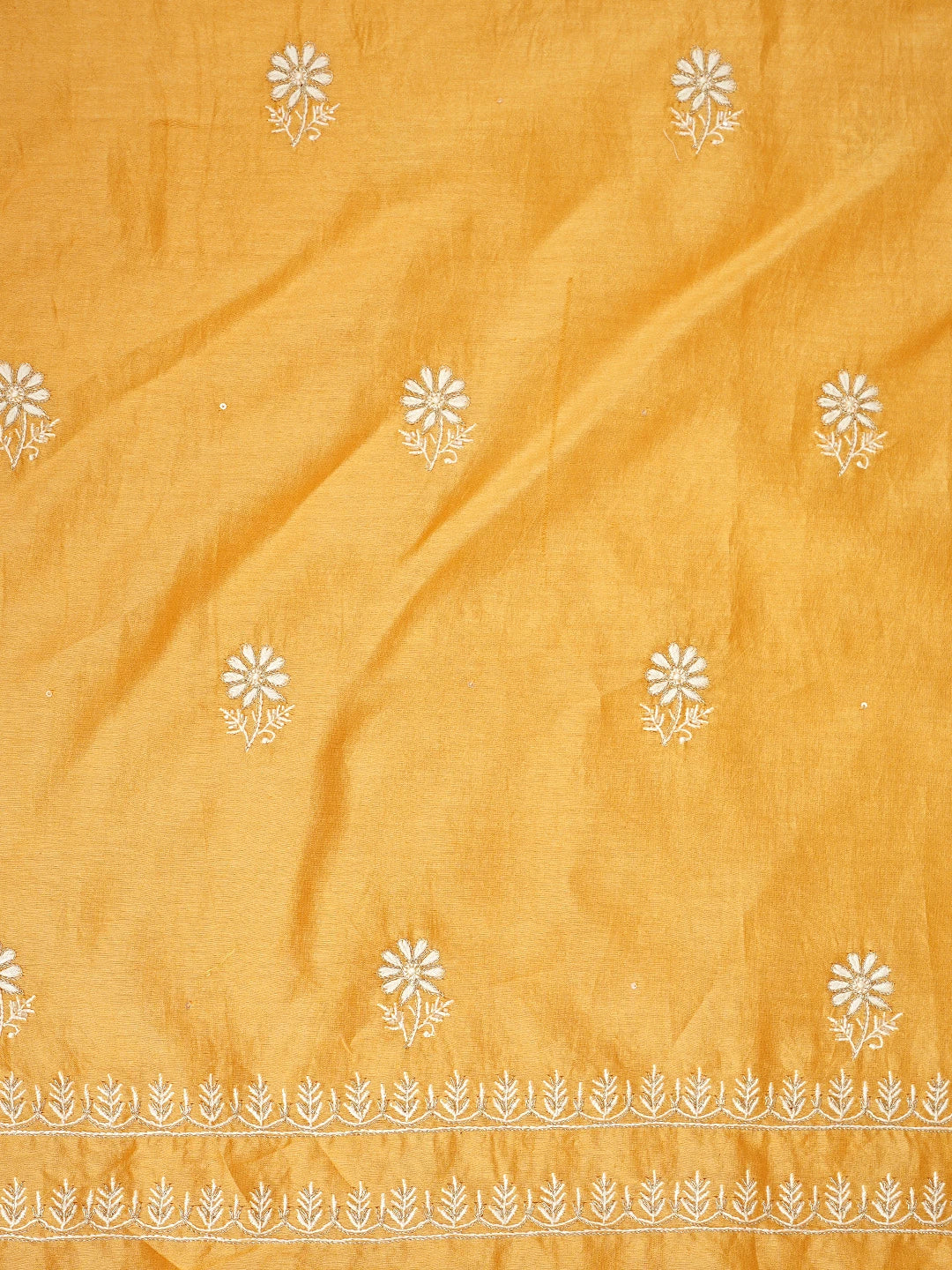 Ada Hand Embroidered Fire Yellow Chanderi Lucknowi Chikankari Unstitched Kurta Dupatta Set With Zari Work 01A873667
