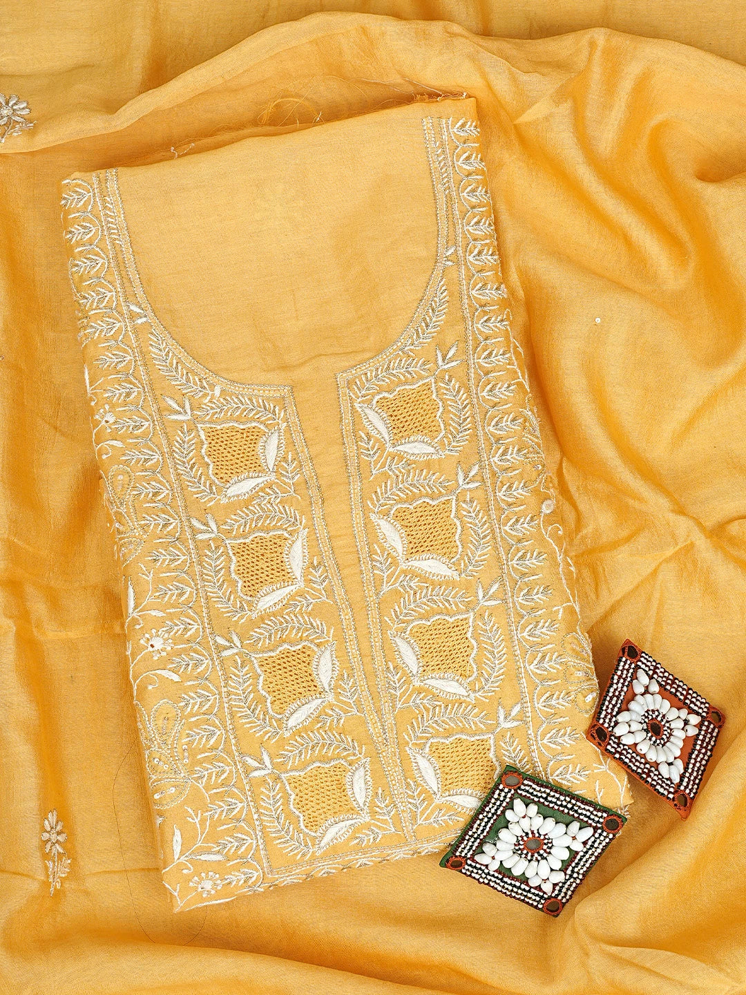 Ada Hand Embroidered Fire Yellow Chanderi Lucknowi Chikankari Unstitched Kurta Dupatta Set With Zari Work 01A873667