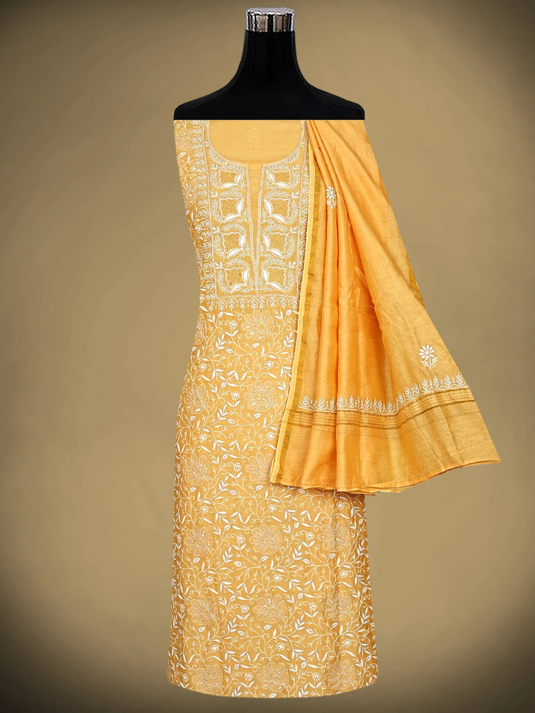 Ada Hand Embroidered Fire Yellow Chanderi Lucknowi Chikankari Unstitched Kurta Dupatta Set With Zari Work 01A873667