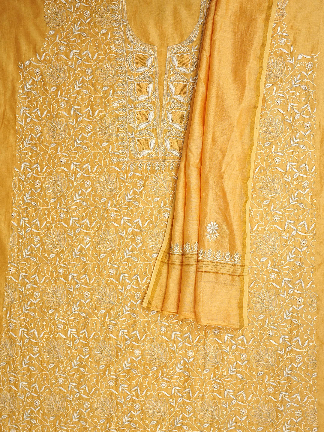Ada Hand Embroidered Fire Yellow Chanderi Lucknowi Chikankari Unstitched Kurta Dupatta Set With Zari Work 01A873667