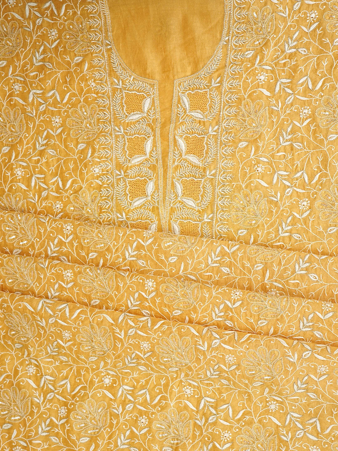 Ada Hand Embroidered Fire Yellow Chanderi Lucknowi Chikankari Unstitched Kurta Dupatta Set With Zari Work 01A873667