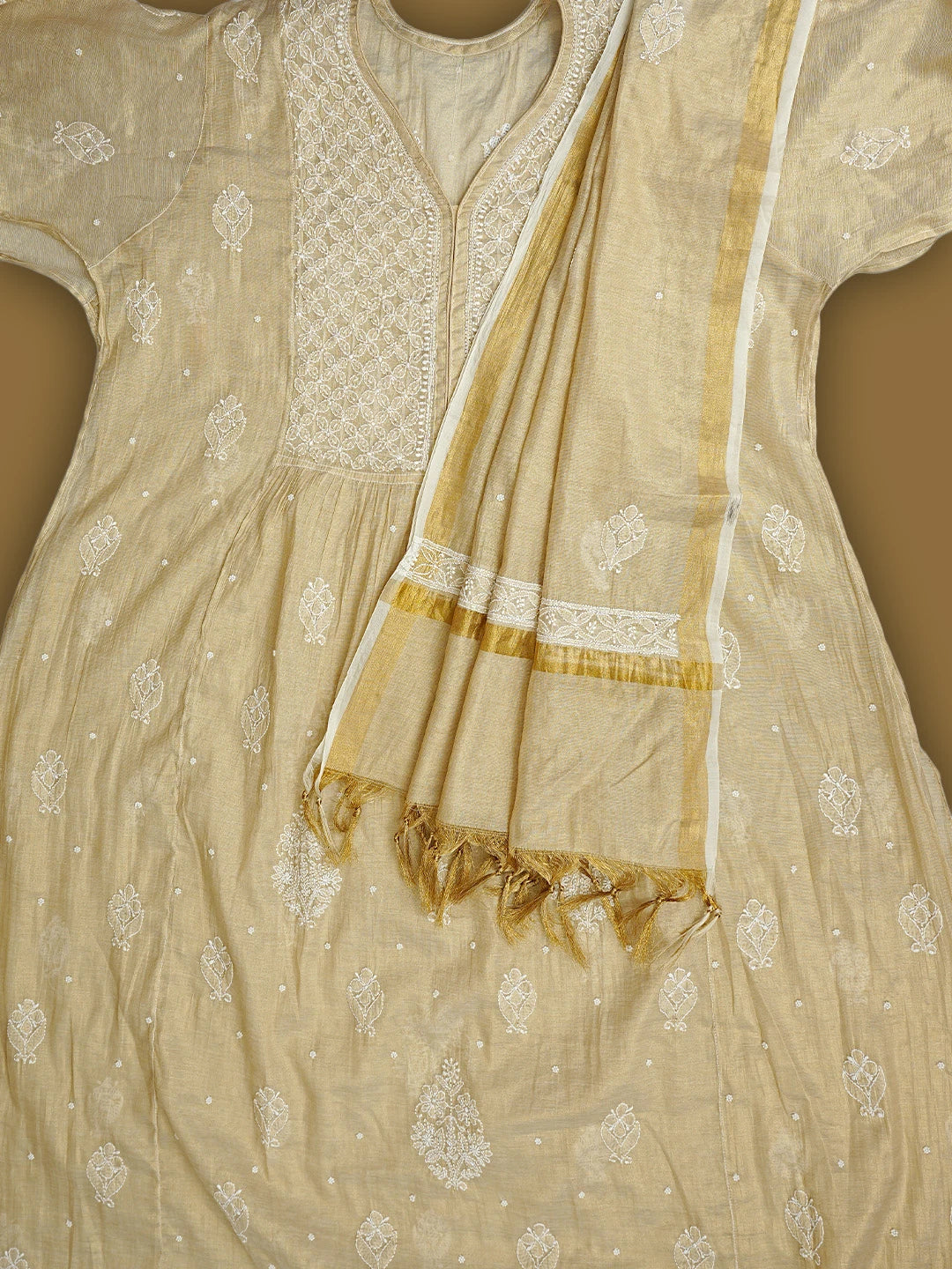 Ada Hand Embroidered Fawn Tissue Lucknowi Chikankari Semi-Stitched A-line Kurta Dupatta Set With Cutdana Work 01A890253