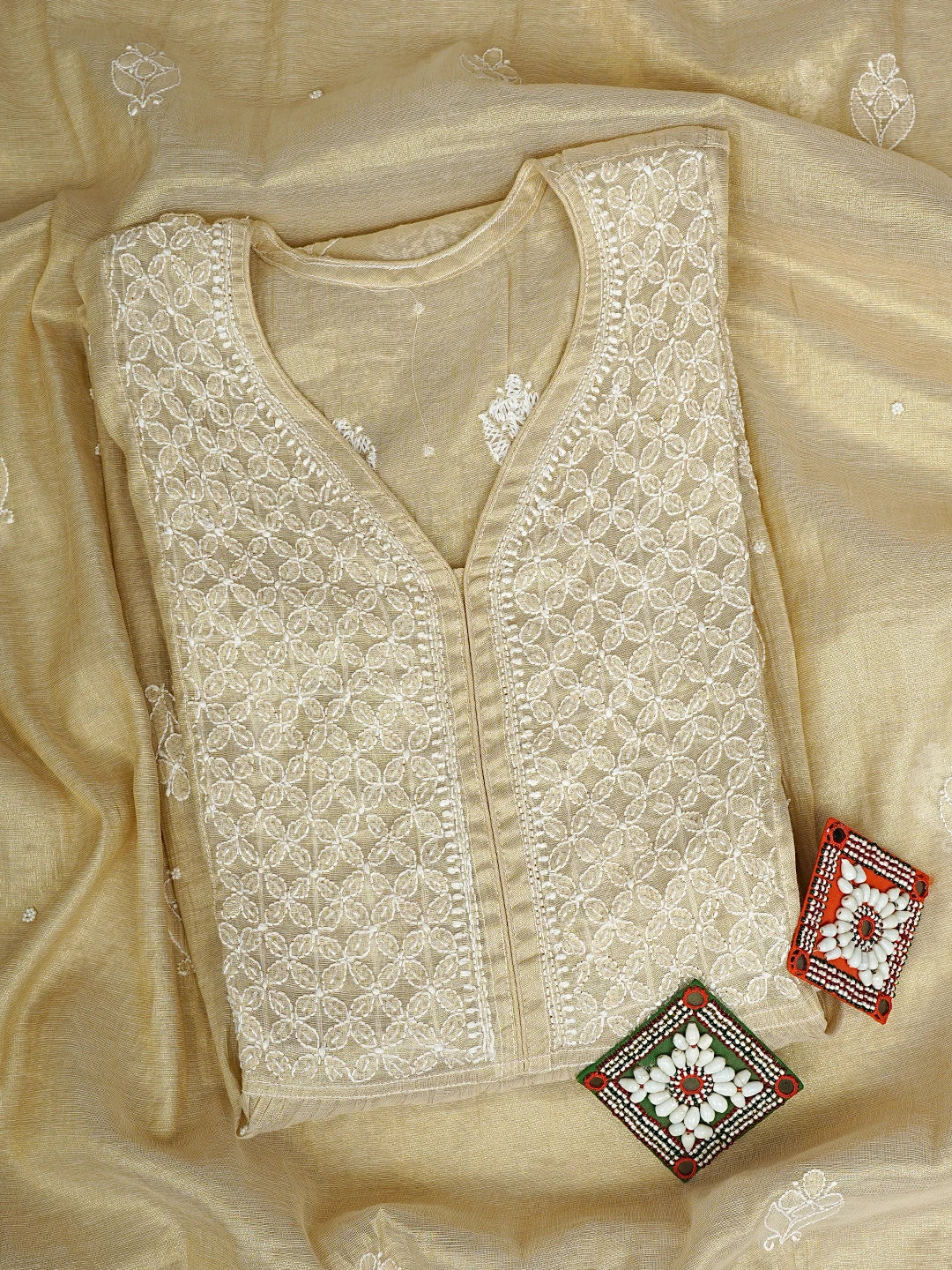 Ada Hand Embroidered Fawn Tissue Lucknowi Chikankari Semi-Stitched A-line Kurta Dupatta Set With Cutdana Work 01A890253