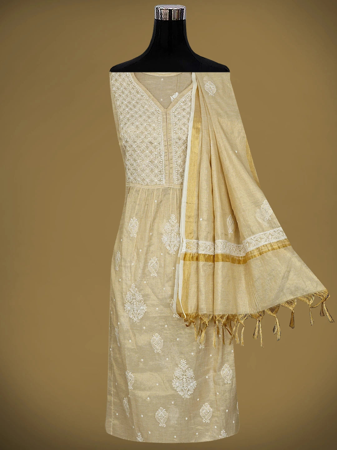 Ada Hand Embroidered Fawn Tissue Lucknowi Chikankari Semi-Stitched A-line Kurta Dupatta Set With Cutdana Work 01A890253