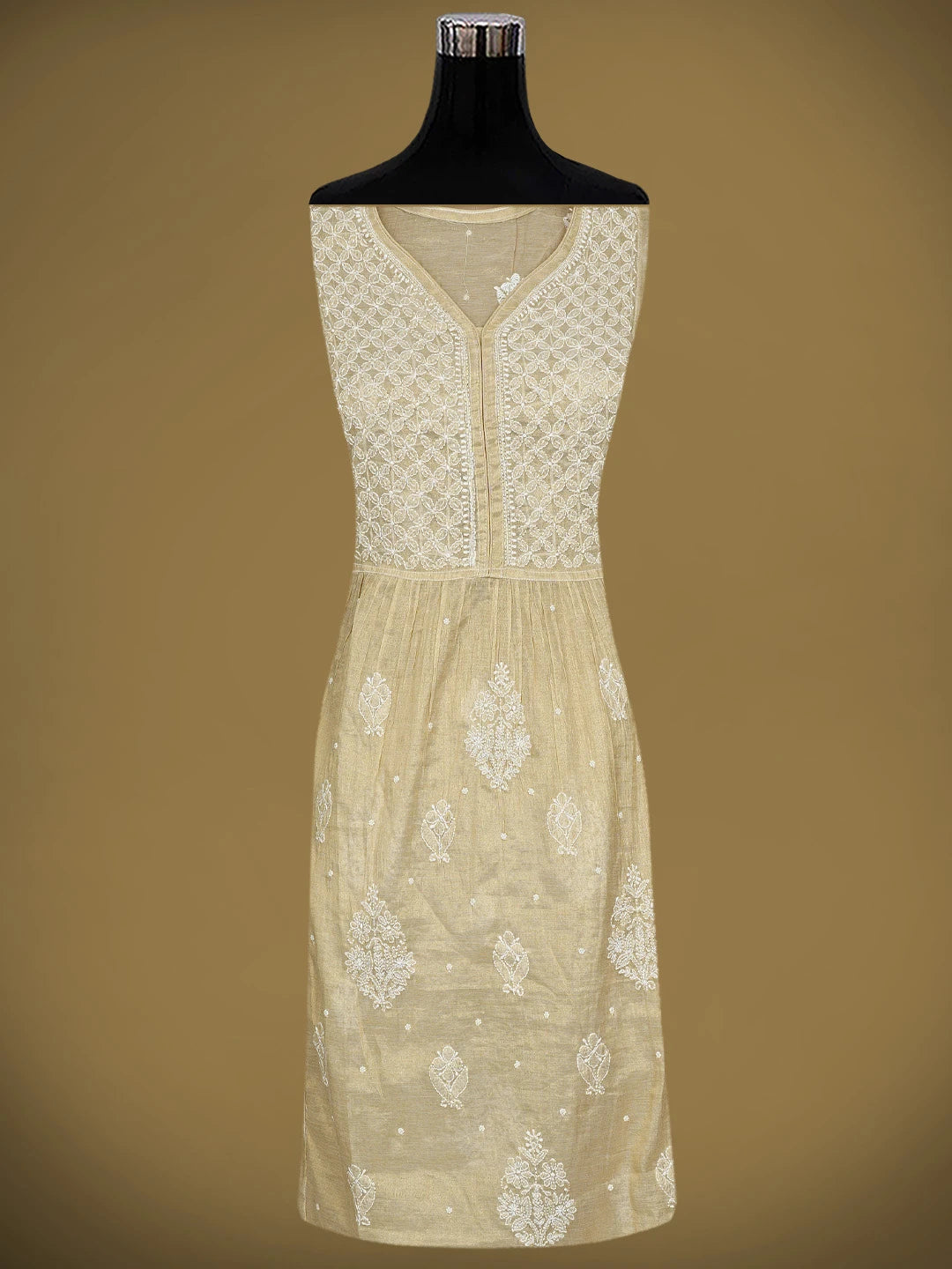 Ada Hand Embroidered Fawn Tissue Lucknowi Chikankari Semi-Stitched A-line Kurta Dupatta Set With Cutdana Work 01A890253