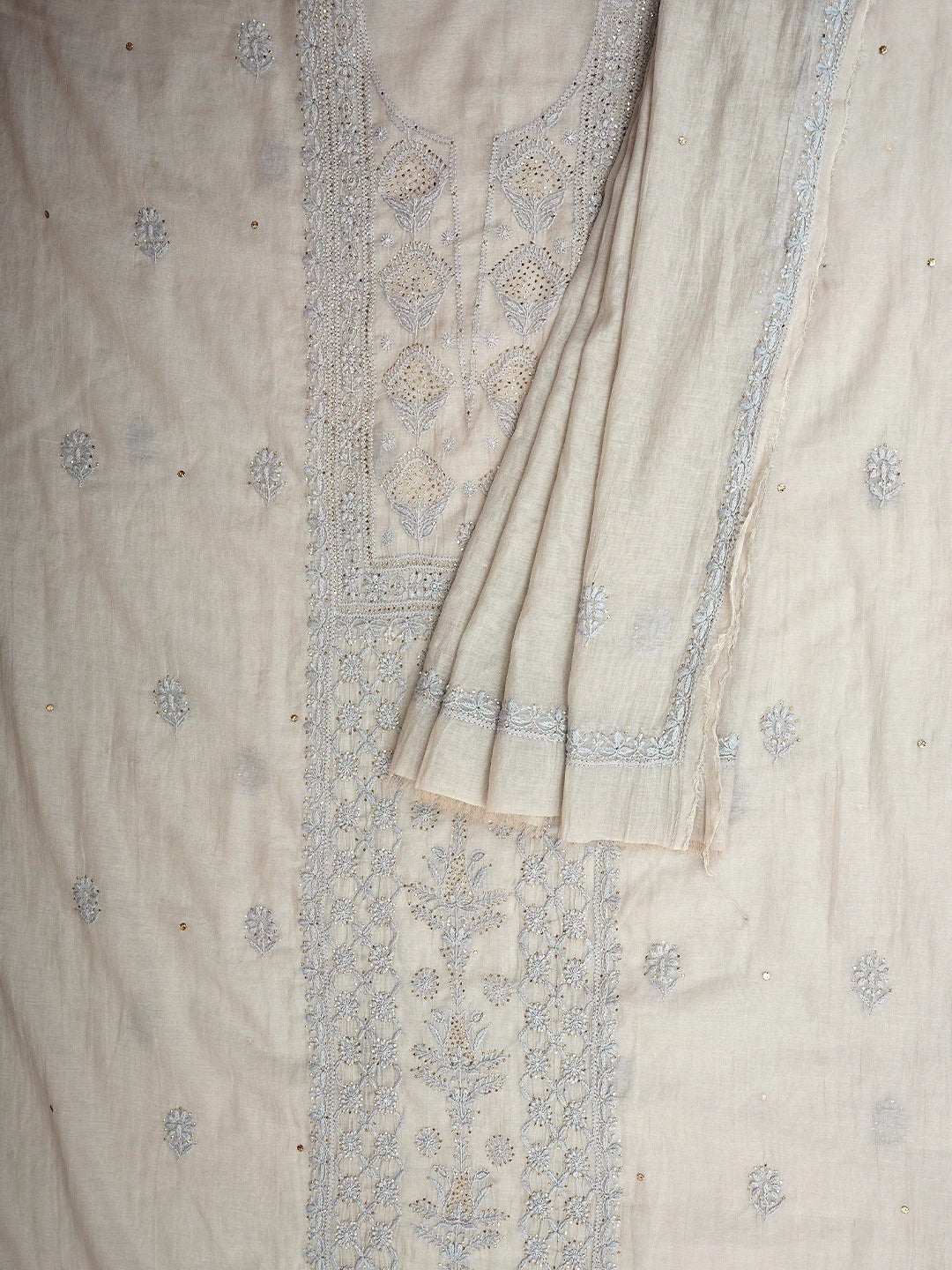 Ada Hand Embroidered Grey Chanderi Lucknowi Chikankari Unstitched Kurta Dupatta Set With Muqaish Work 01A911492