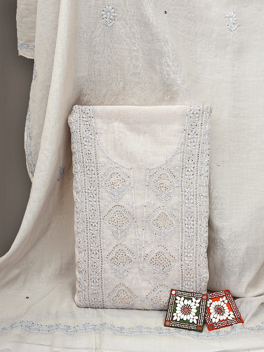 Ada Hand Embroidered Grey Chanderi Lucknowi Chikankari Unstitched Kurta Dupatta Set With Muqaish Work 01A911492