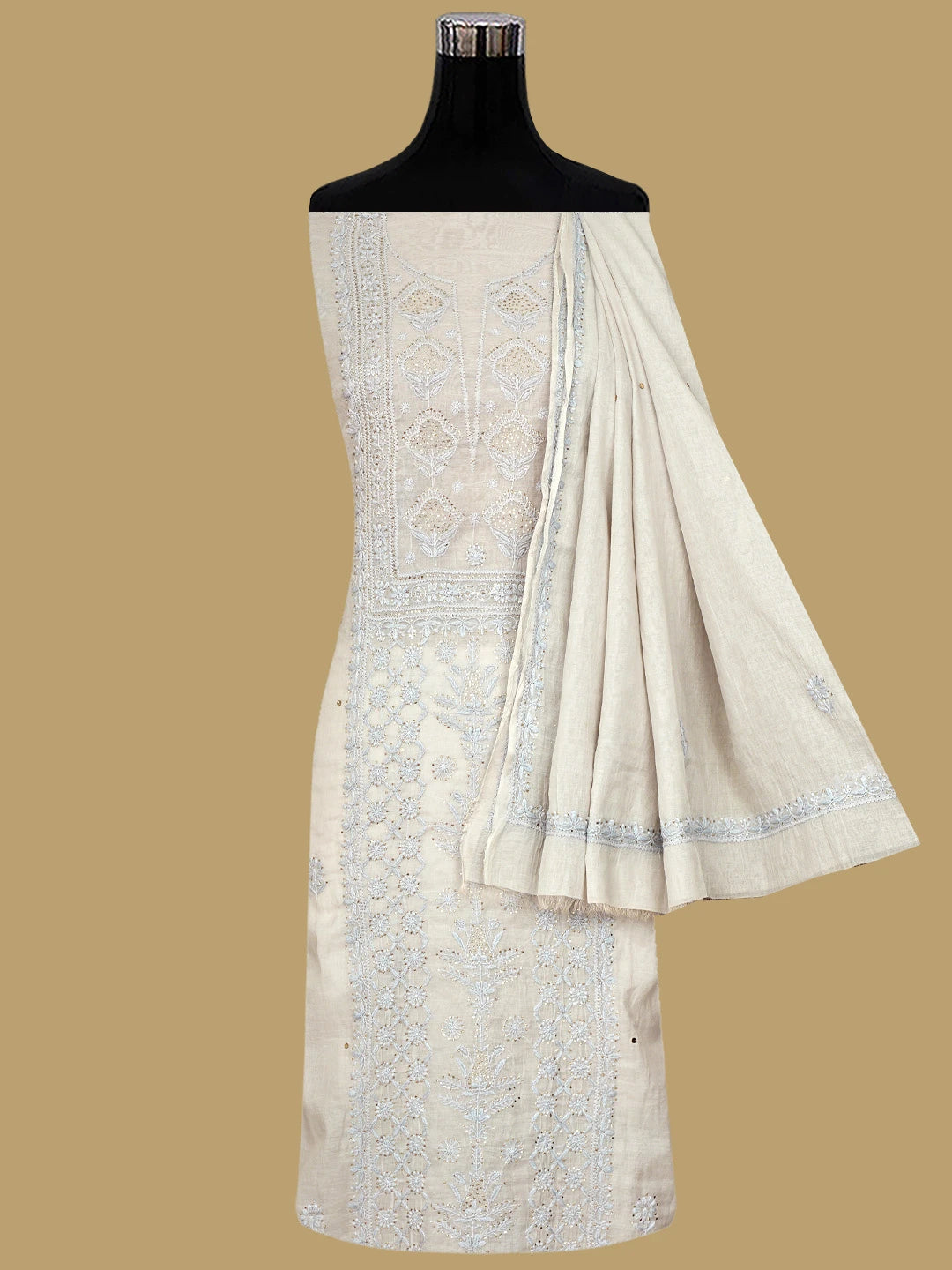 Ada Hand Embroidered Grey Chanderi Lucknowi Chikankari Unstitched Kurta Dupatta Set With Muqaish Work 01A911492