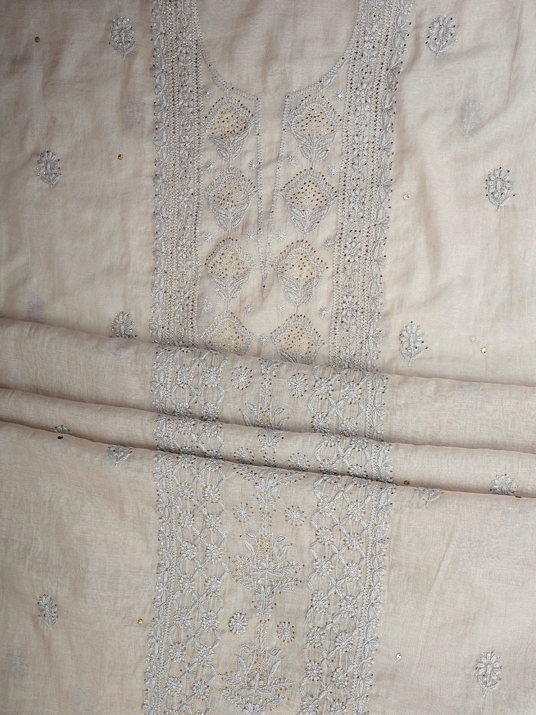 Ada Hand Embroidered Grey Chanderi Lucknowi Chikankari Unstitched Kurta Dupatta Set With Muqaish Work 01A911492