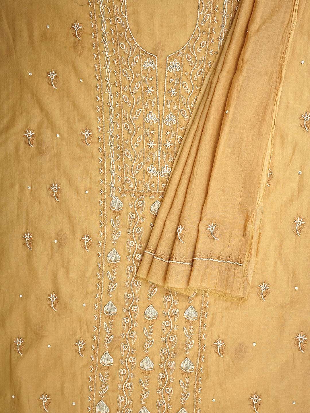 Ada Hand Embroidered Sunlit Clay Brown Chanderi Lucknowi Chikankari Unstitched Kurta Dupatta Set With Pearl Work 01A911506