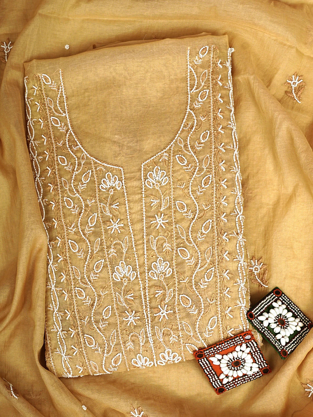 Ada Hand Embroidered Sunlit Clay Brown Chanderi Lucknowi Chikankari Unstitched Kurta Dupatta Set With Pearl Work 01A911506