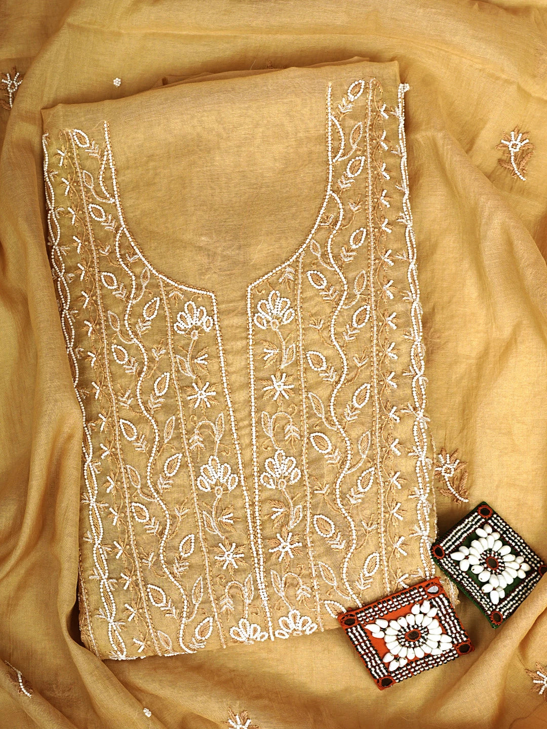 Ada Hand Embroidered Sunlit Clay Brown Chanderi Lucknowi Chikankari Unstitched Kurta Dupatta Set With Pearl Work 01A911506