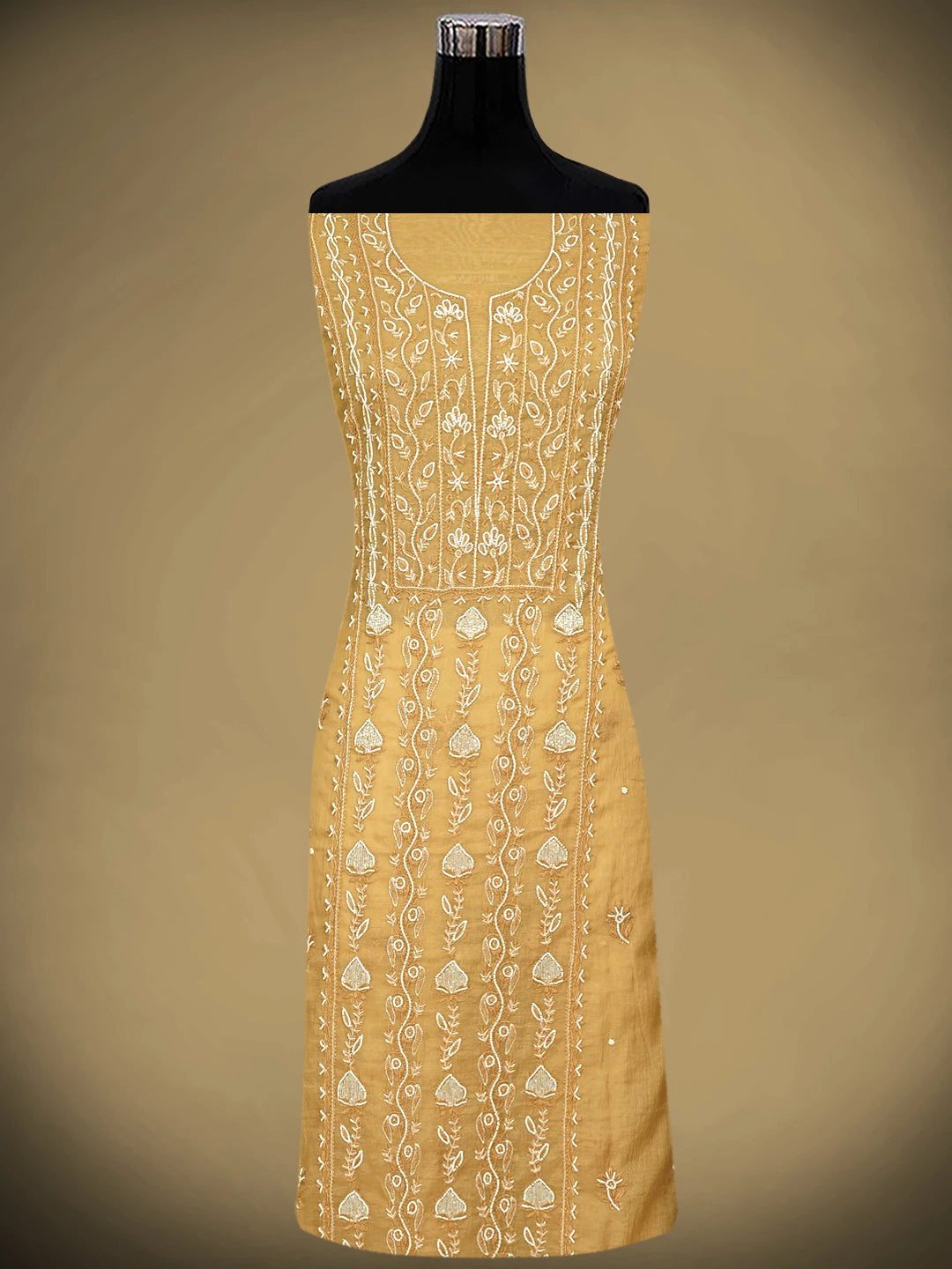 Ada Hand Embroidered Sunlit Clay Brown Chanderi Lucknowi Chikankari Unstitched Kurta Dupatta Set With Pearl Work 01A911506