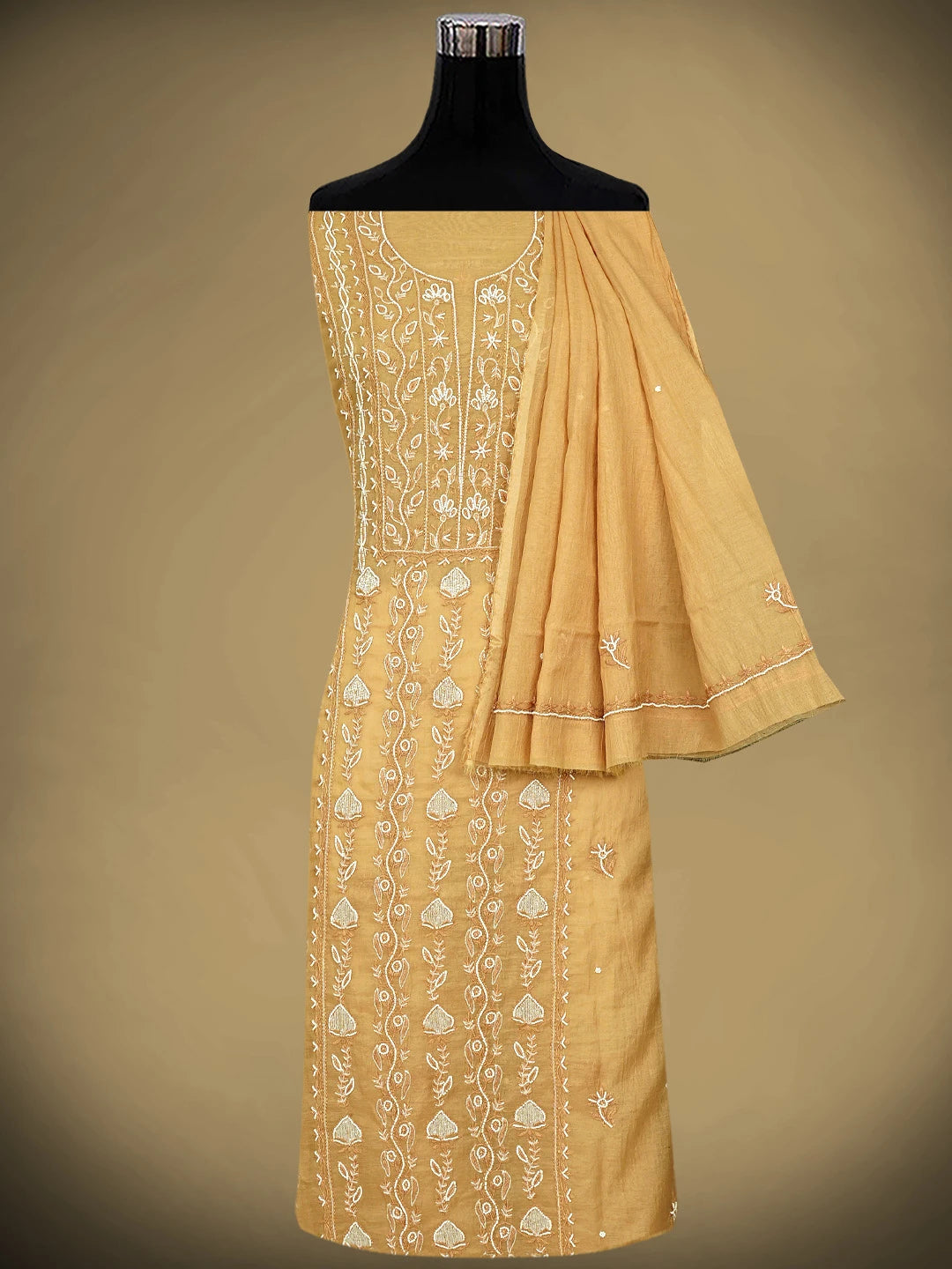Ada Hand Embroidered Sunlit Clay Brown Chanderi Lucknowi Chikankari Unstitched Kurta Dupatta Set With Pearl Work 01A911506