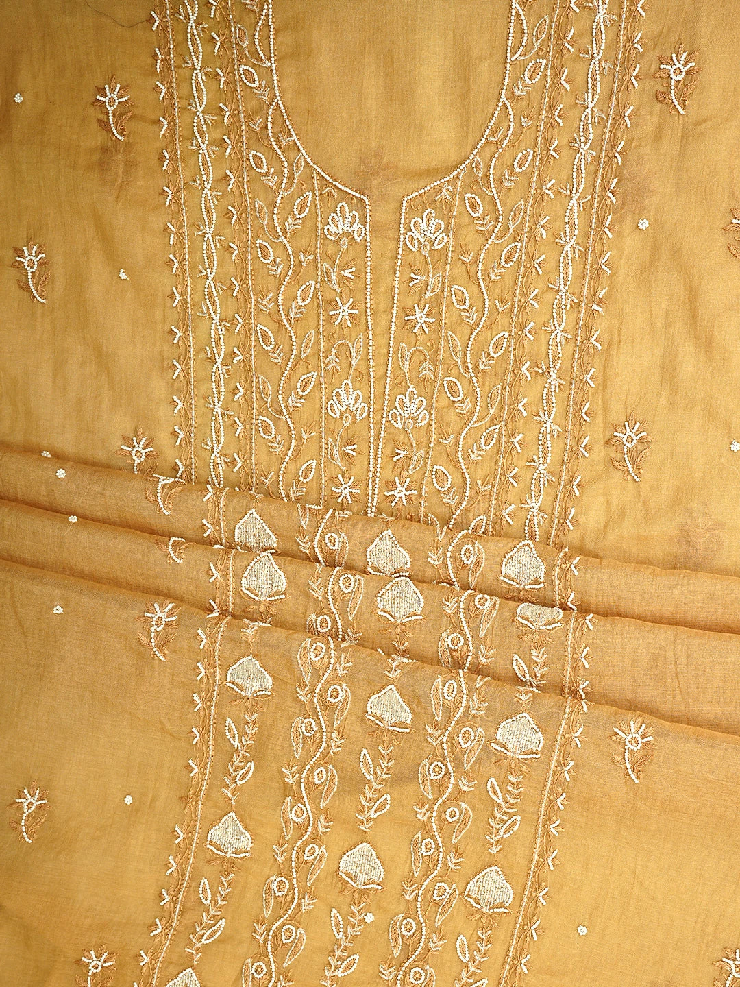 Ada Hand Embroidered Sunlit Clay Brown Chanderi Lucknowi Chikankari Unstitched Kurta Dupatta Set With Pearl Work 01A911506