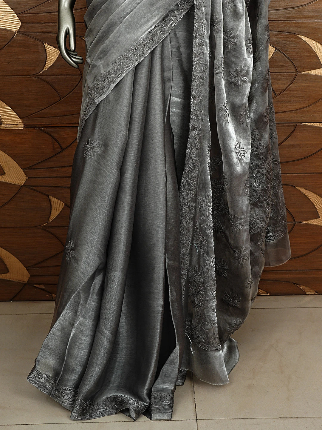Ada Hand Embroidered Grey Tissue Lucknowi Chikankari Saree and Blouse 01A911328