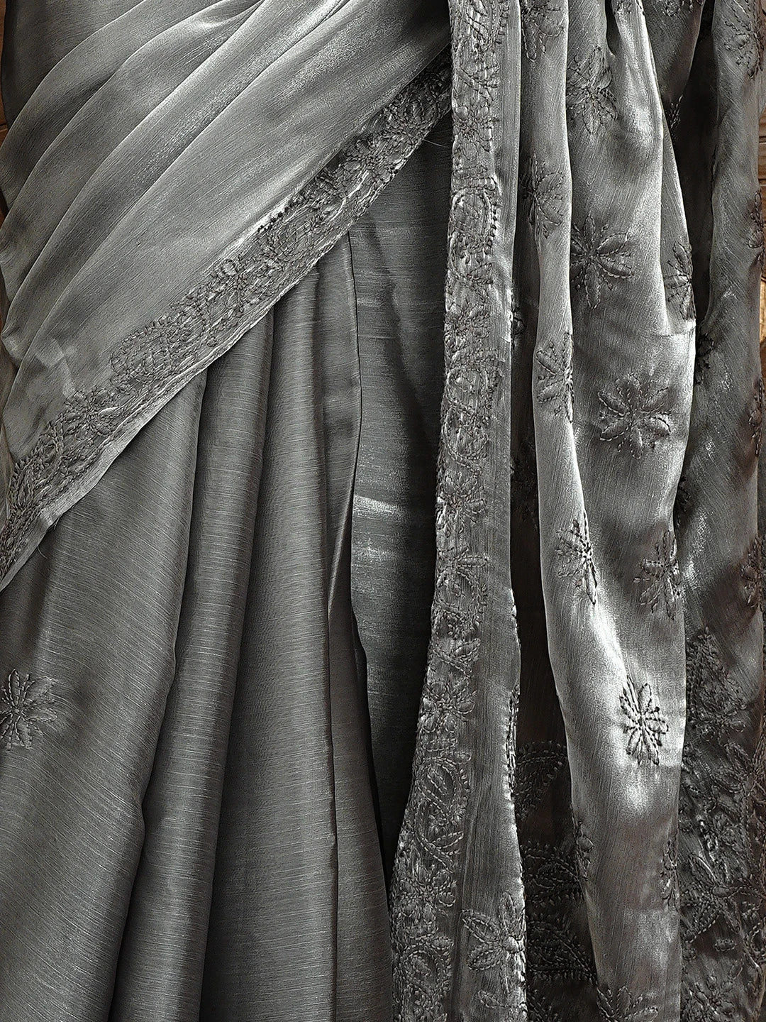 Ada Hand Embroidered Grey Tissue Lucknowi Chikankari Saree and Blouse 01A911328