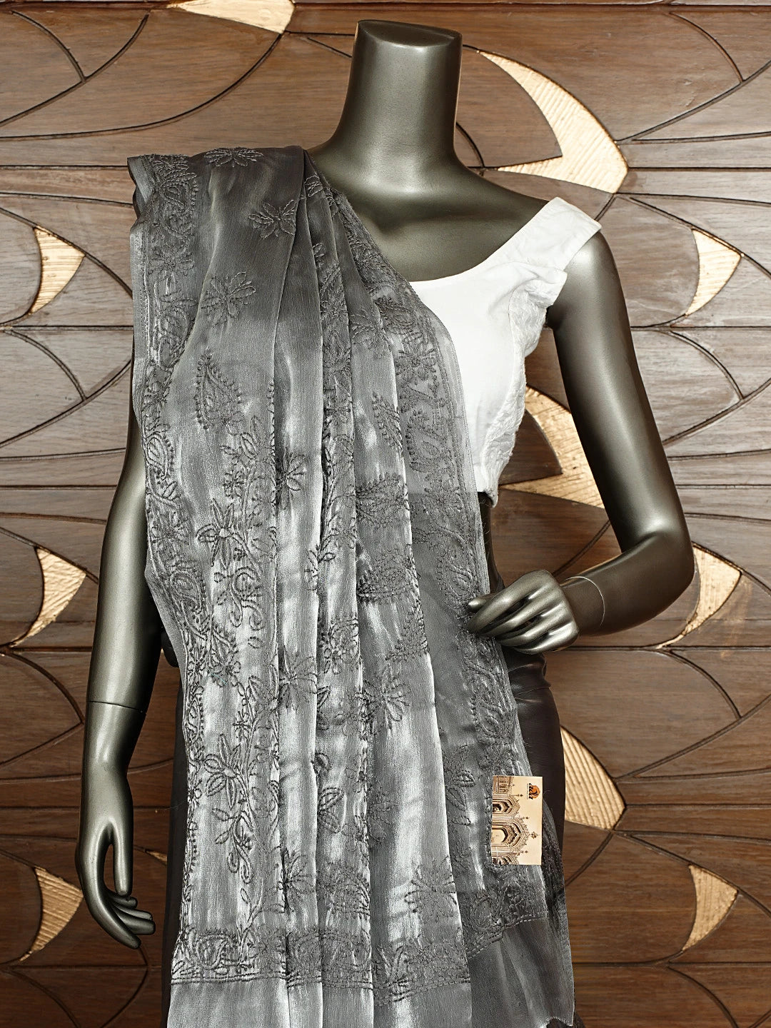 Ada Hand Embroidered Grey Tissue Lucknowi Chikankari Saree and Blouse 01A911328