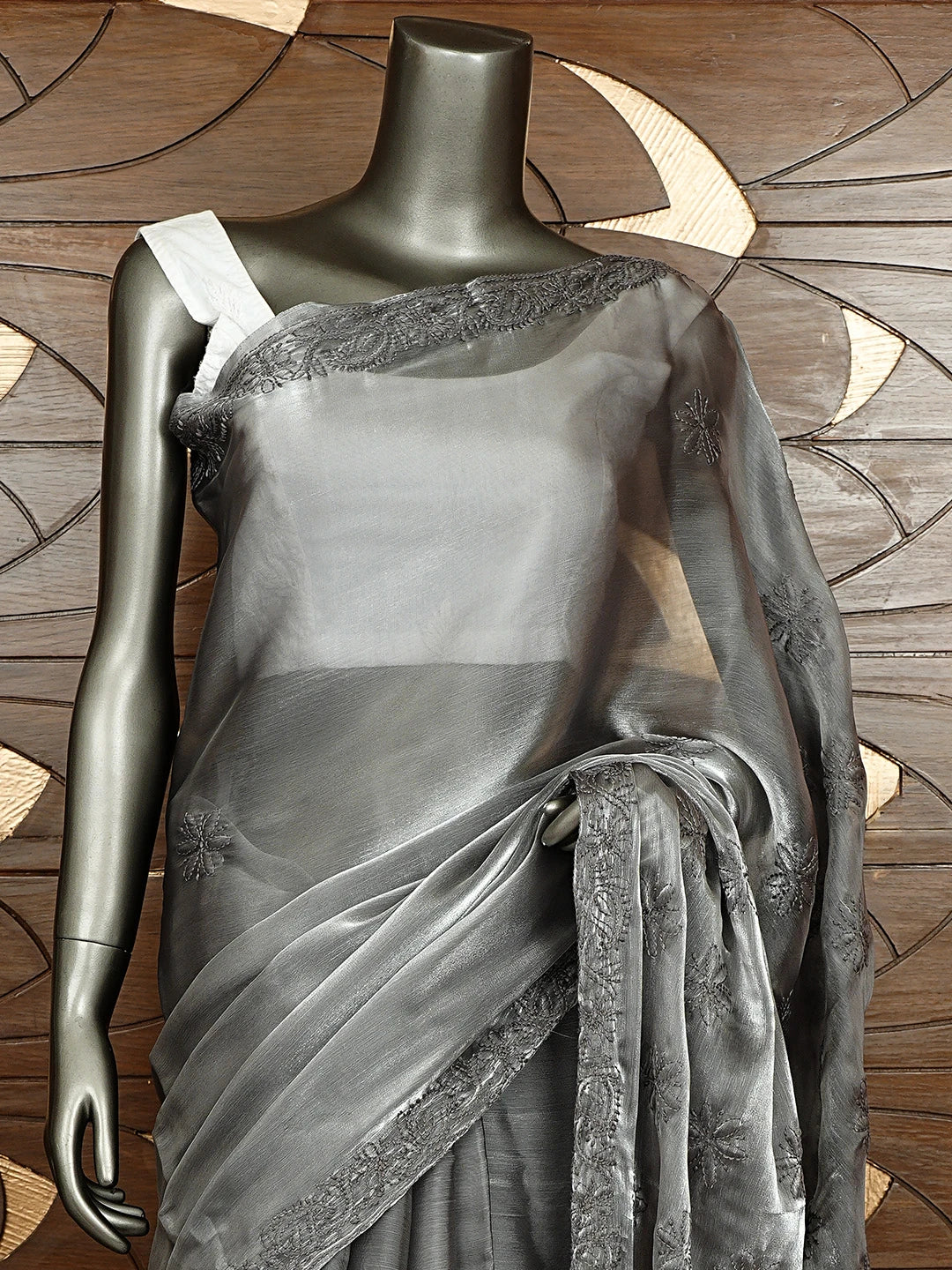 Ada Hand Embroidered Grey Tissue Lucknowi Chikankari Saree and Blouse 01A911328