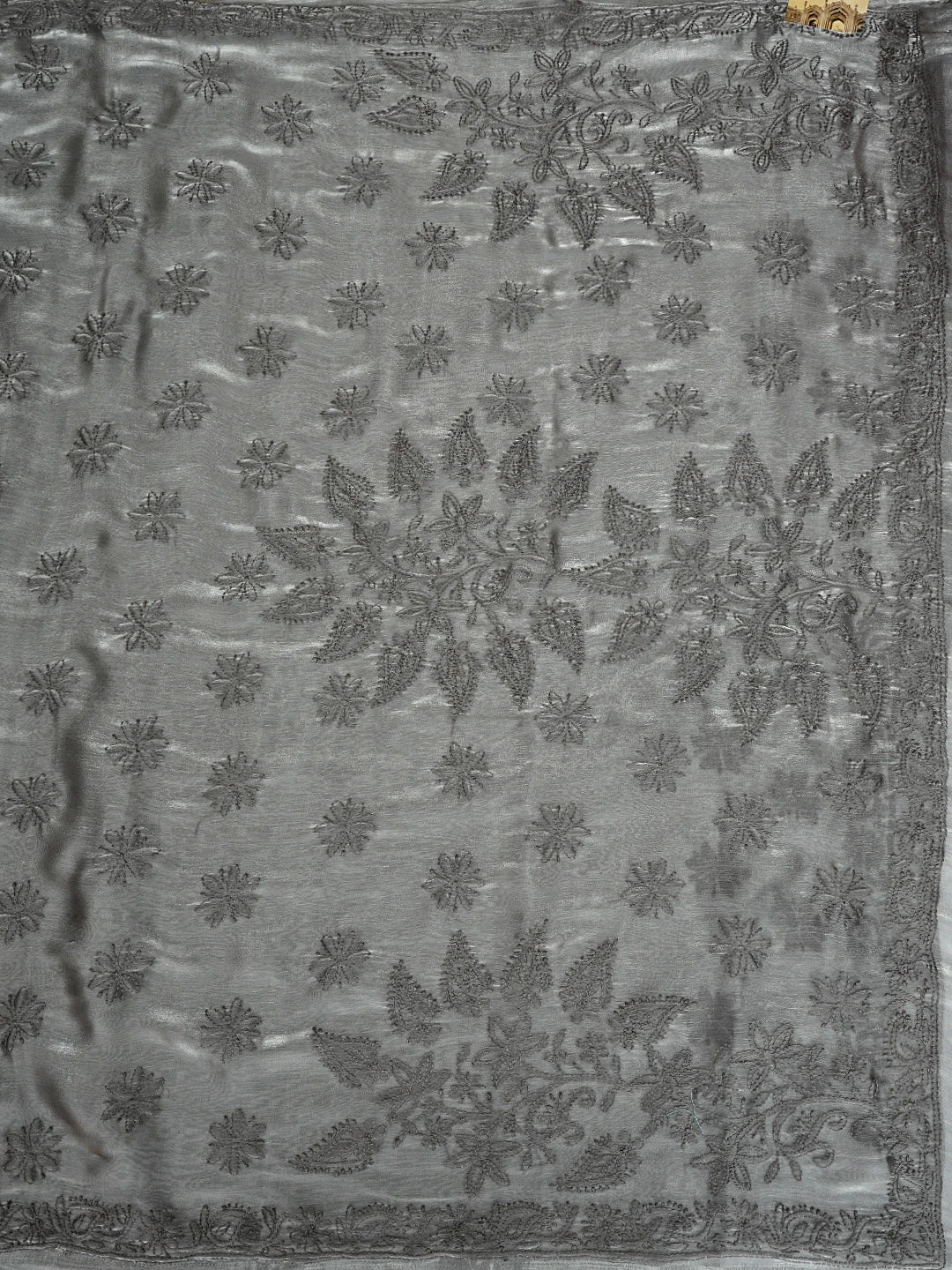Ada Hand Embroidered Grey Tissue Lucknowi Chikankari Saree and Blouse 01A911328