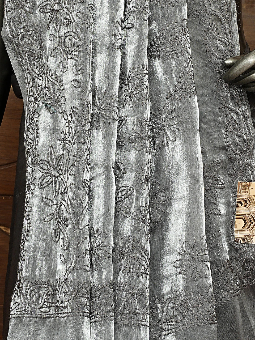 Ada Hand Embroidered Grey Tissue Lucknowi Chikankari Saree and Blouse 01A911328