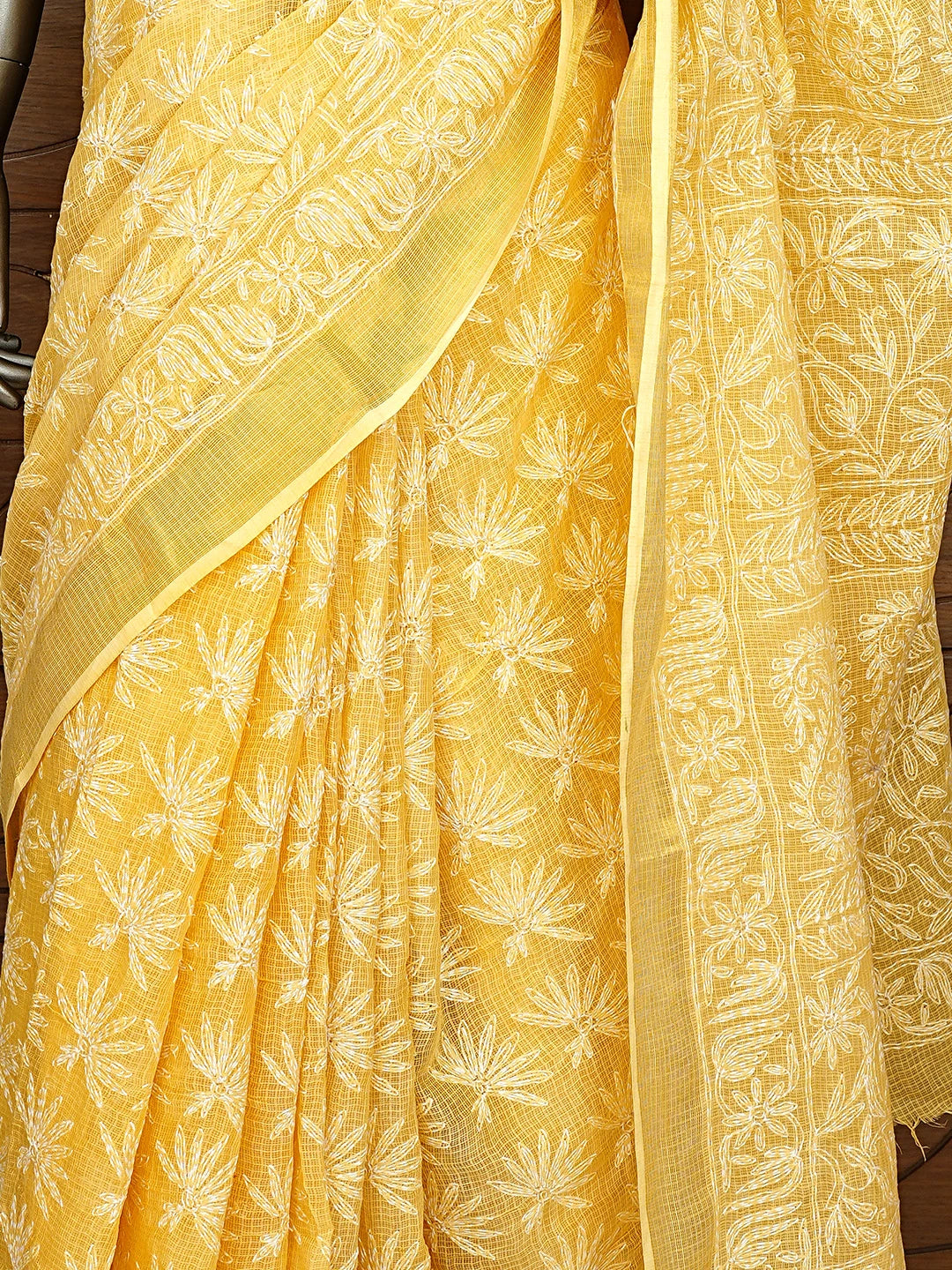 Ada Hand Embroidered Yellow Kota Lucknowi Chikankari Saree and Blouse 01A922175