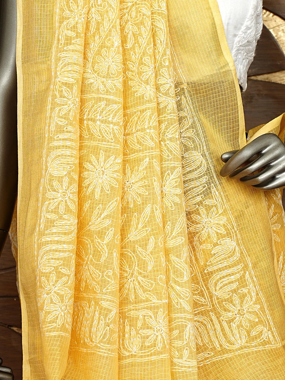 Ada Hand Embroidered Yellow Kota Lucknowi Chikankari Saree and Blouse 01A922175