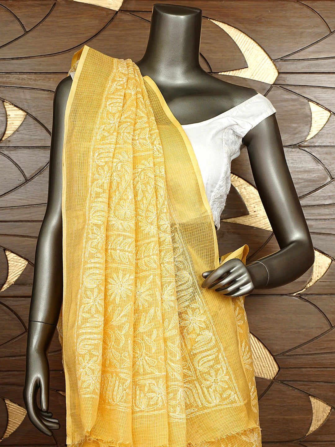 Ada Hand Embroidered Yellow Kota Lucknowi Chikankari Saree and Blouse 01A922175
