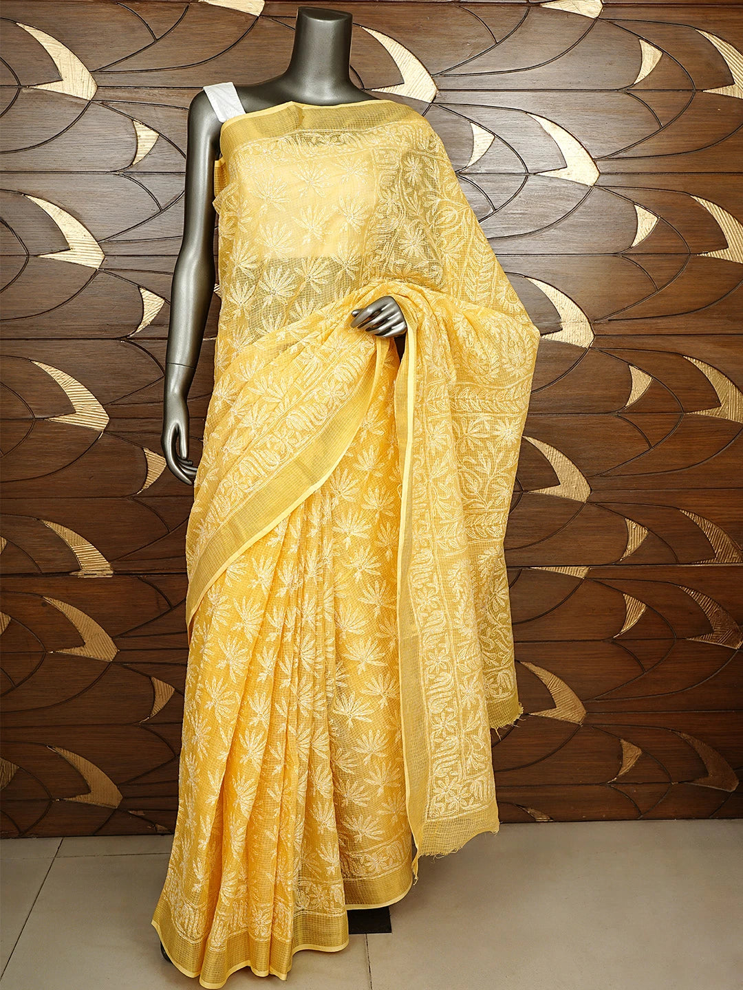 Ada Hand Embroidered Yellow Kota Lucknowi Chikankari Saree and Blouse 01A922175