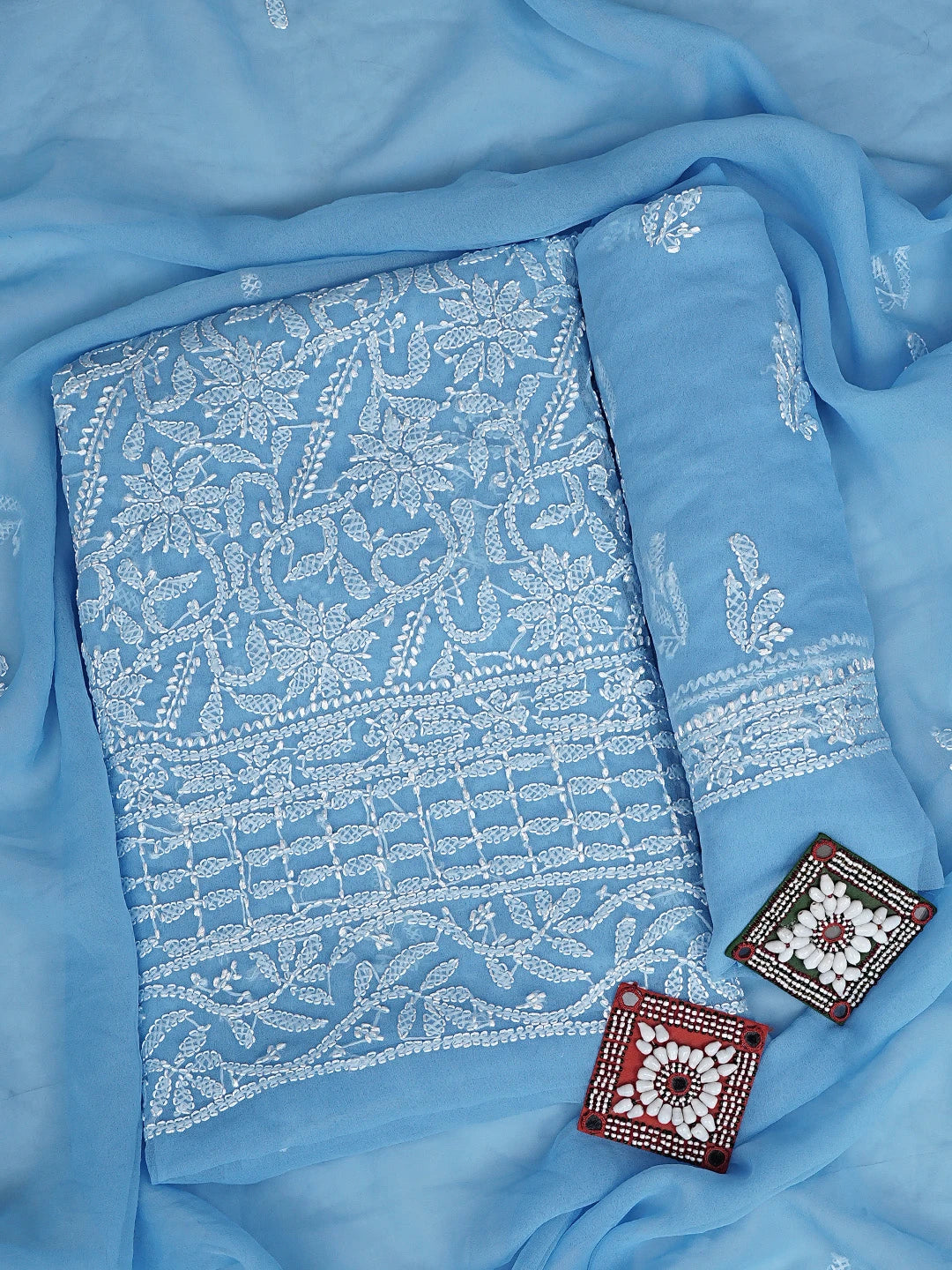 Ada Hand Embroidered Cool Sky Blue Georgette Lucknowi Chikankari Unstitched Suit Piece 01A907719