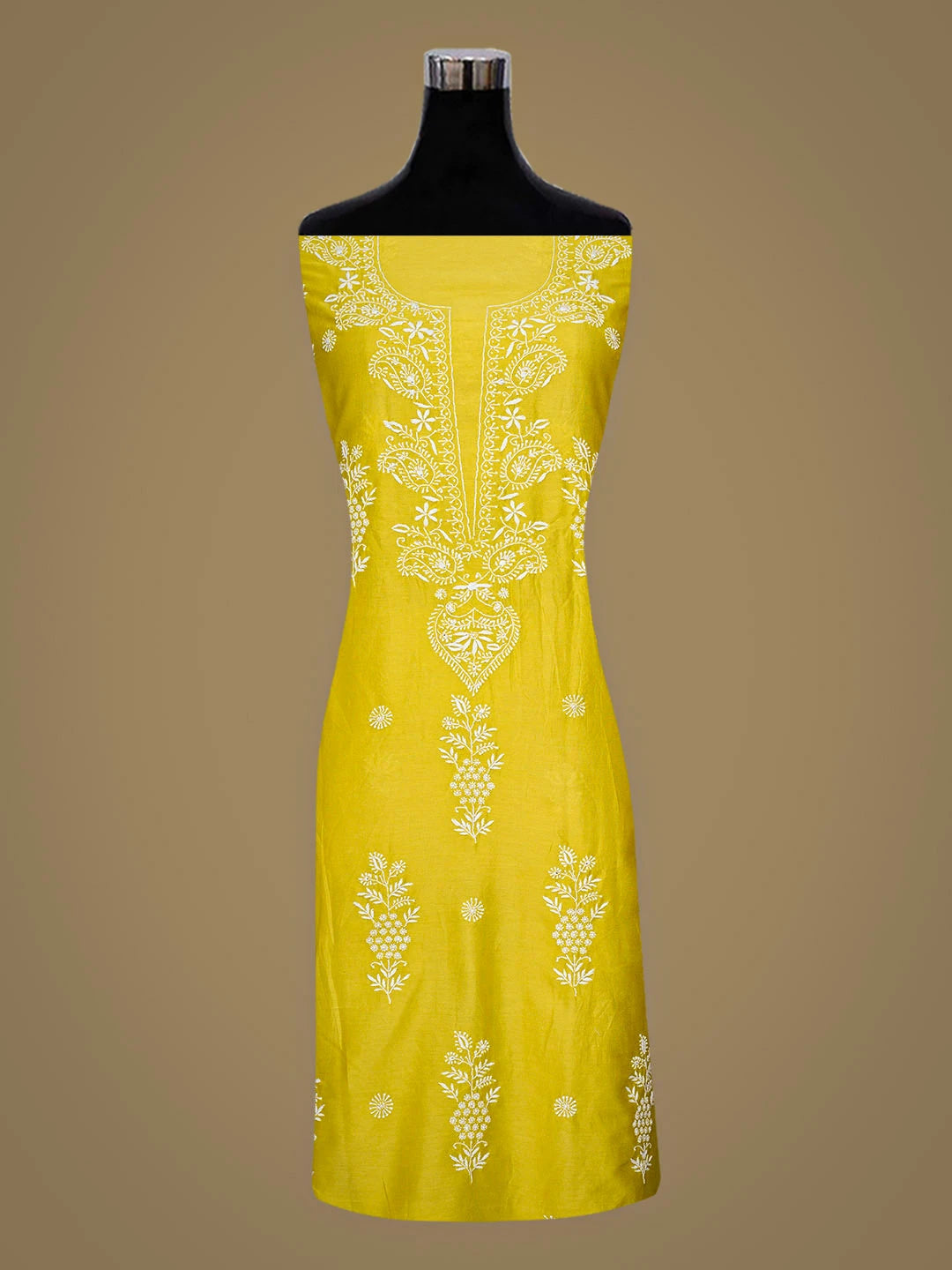 Ada Hand Embroidered Lime Green Chanderi Lucknowi Chikankari Unstitched Kurta Dupatta Set 01A932528
