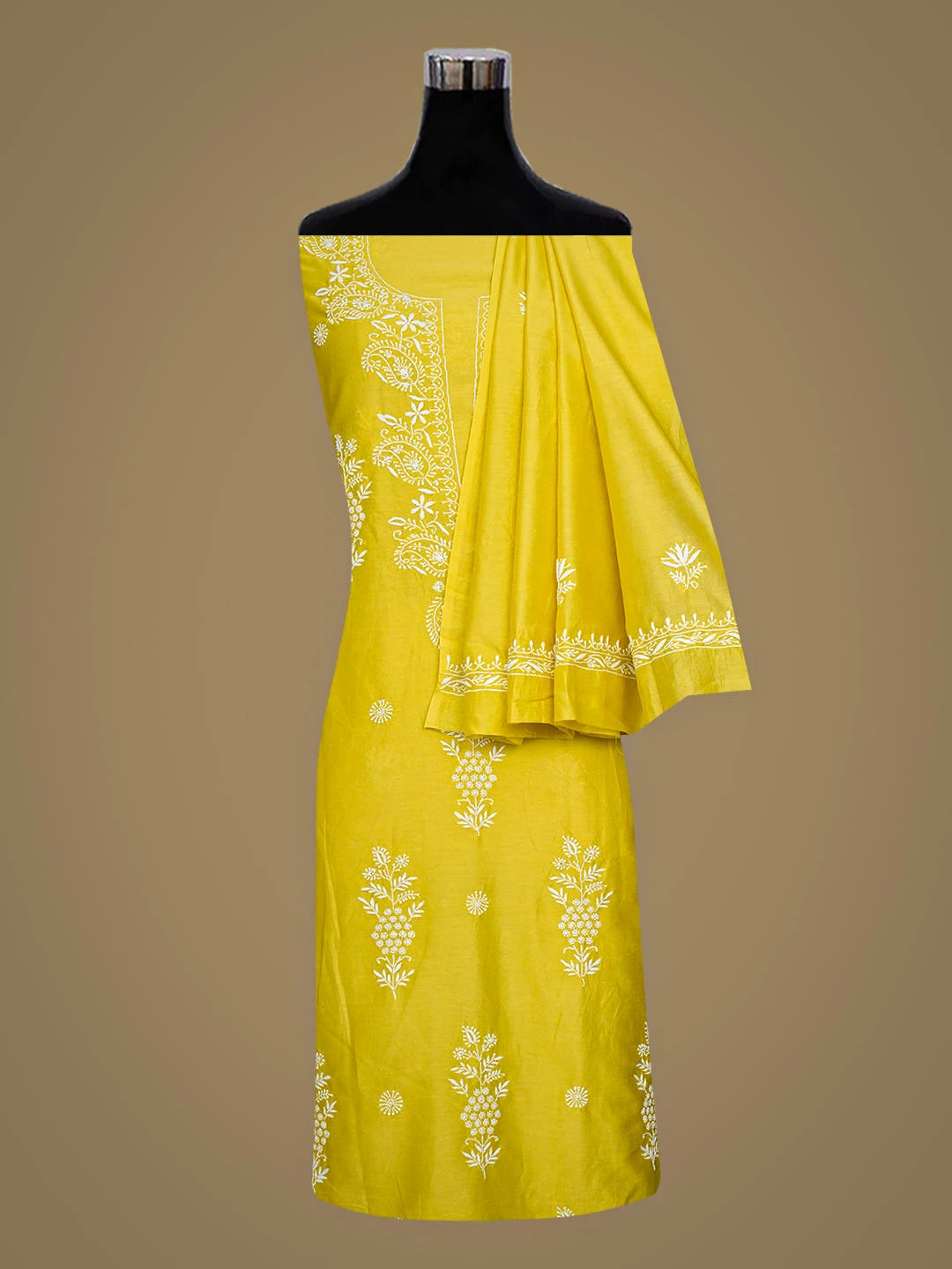 Ada Hand Embroidered Lime Green Chanderi Lucknowi Chikankari Unstitched Kurta Dupatta Set 01A932528