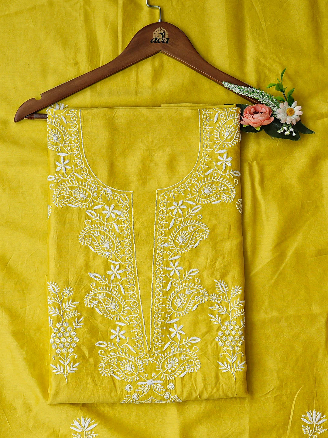 Ada Hand Embroidered Lime Green Chanderi Lucknowi Chikankari Unstitched Kurta Dupatta Set 01A932528
