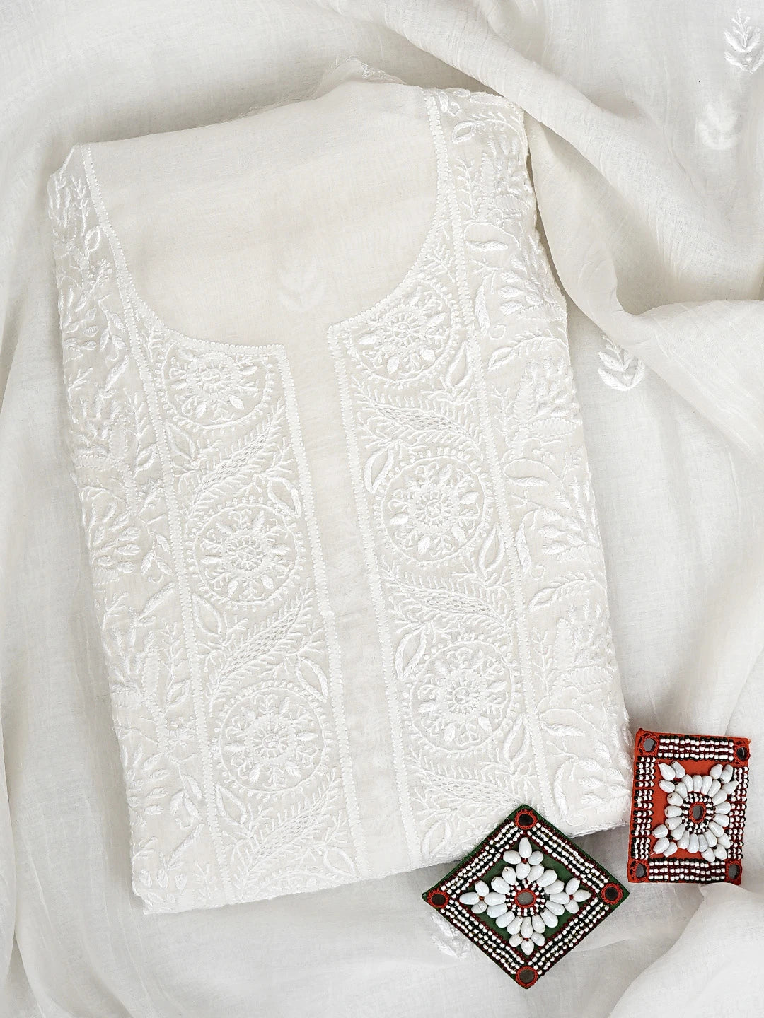 Ada Hand Embroidered White Chanderi Lucknowi Chikankari Unstitched Kurta Dupatta Set 01A903850