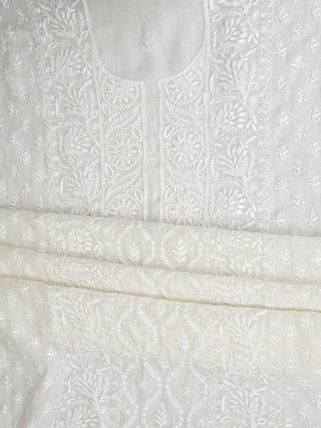 Ada Hand Embroidered White Chanderi Lucknowi Chikankari Unstitched Kurta Dupatta Set 01A903850