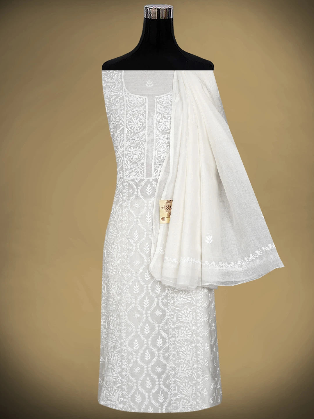 Ada Hand Embroidered White Chanderi Lucknowi Chikankari Unstitched Kurta Dupatta Set 01A903850