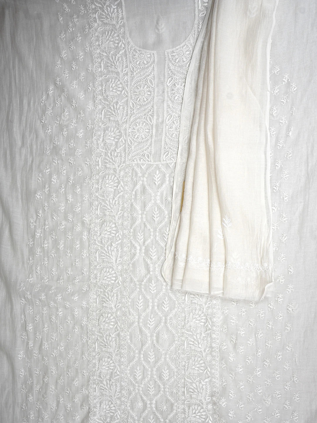 Ada Hand Embroidered White Chanderi Lucknowi Chikankari Unstitched Kurta Dupatta Set 01A903850