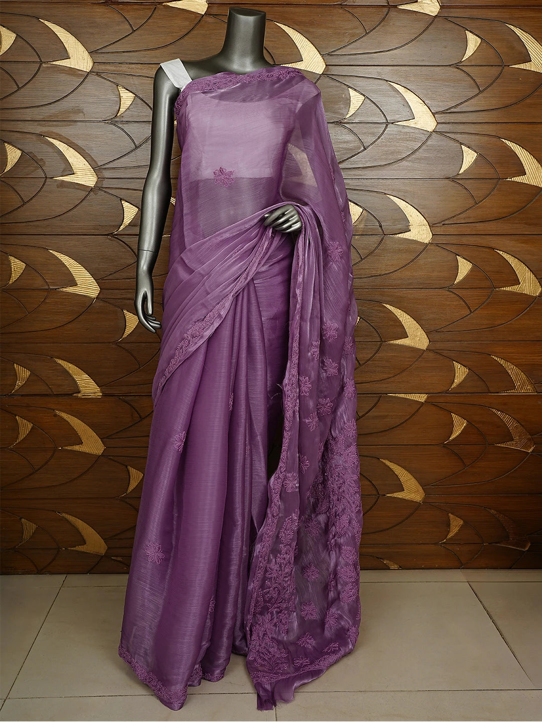 Ada Hand Embroidered Purple Tissue Lucknowi Chikankari Saree and Blouse 01A911331