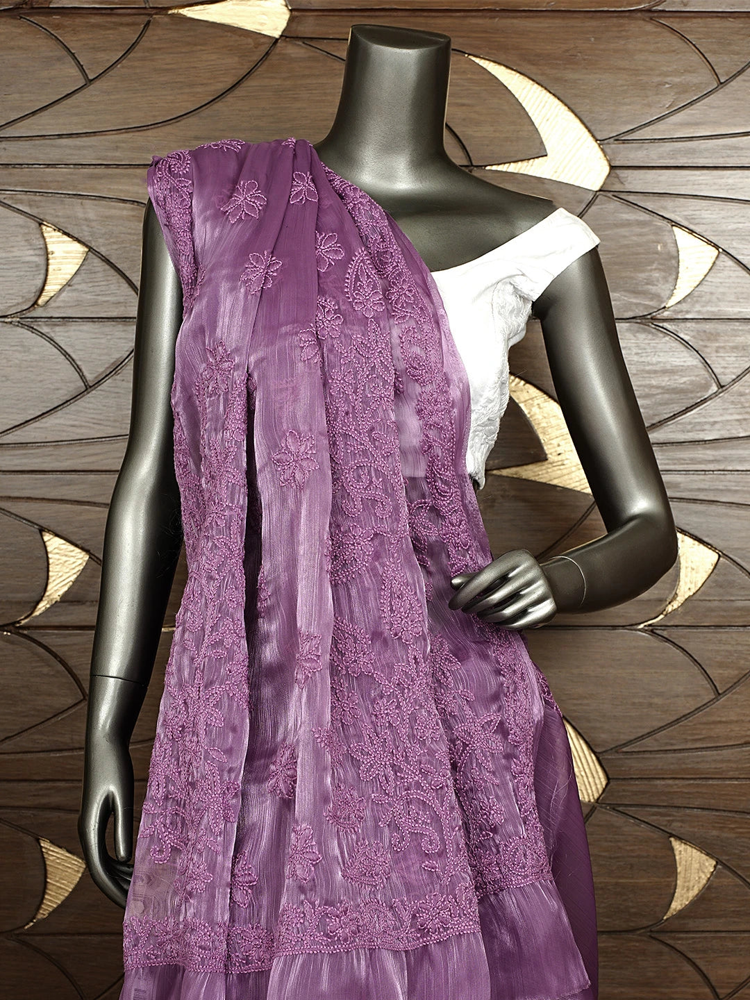 Ada Hand Embroidered Purple Tissue Lucknowi Chikankari Saree and Blouse 01A911331