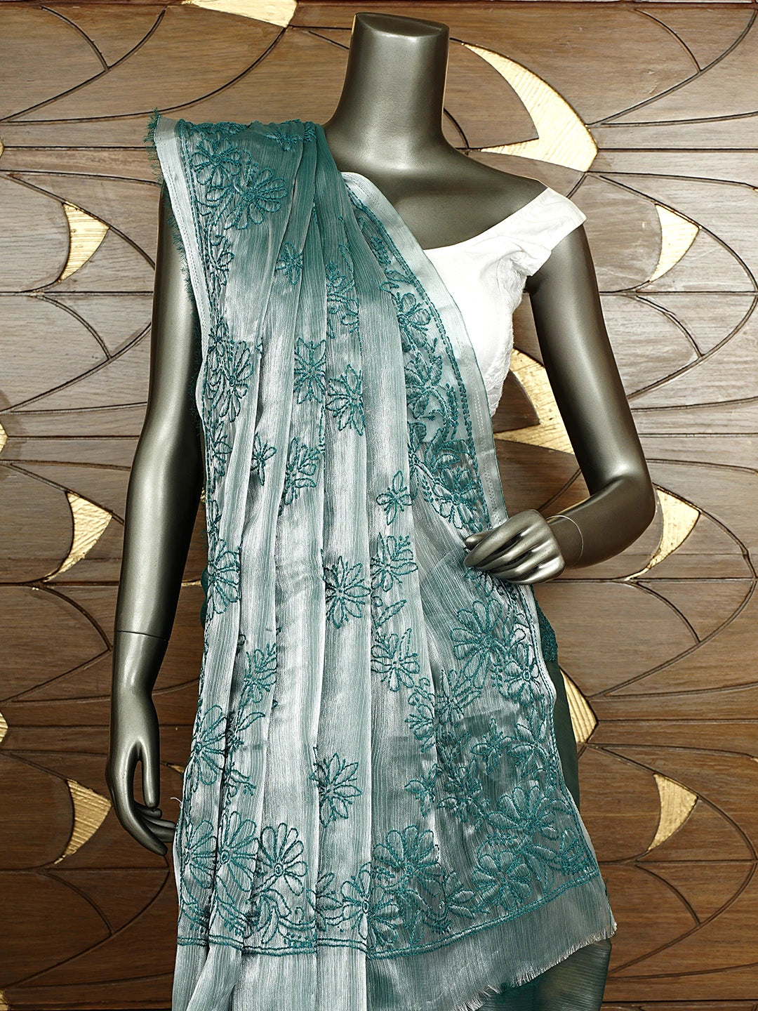 Ada Hand Embroidered Green Tissue Lucknowi Chikankari Saree and Blouse 01A919786