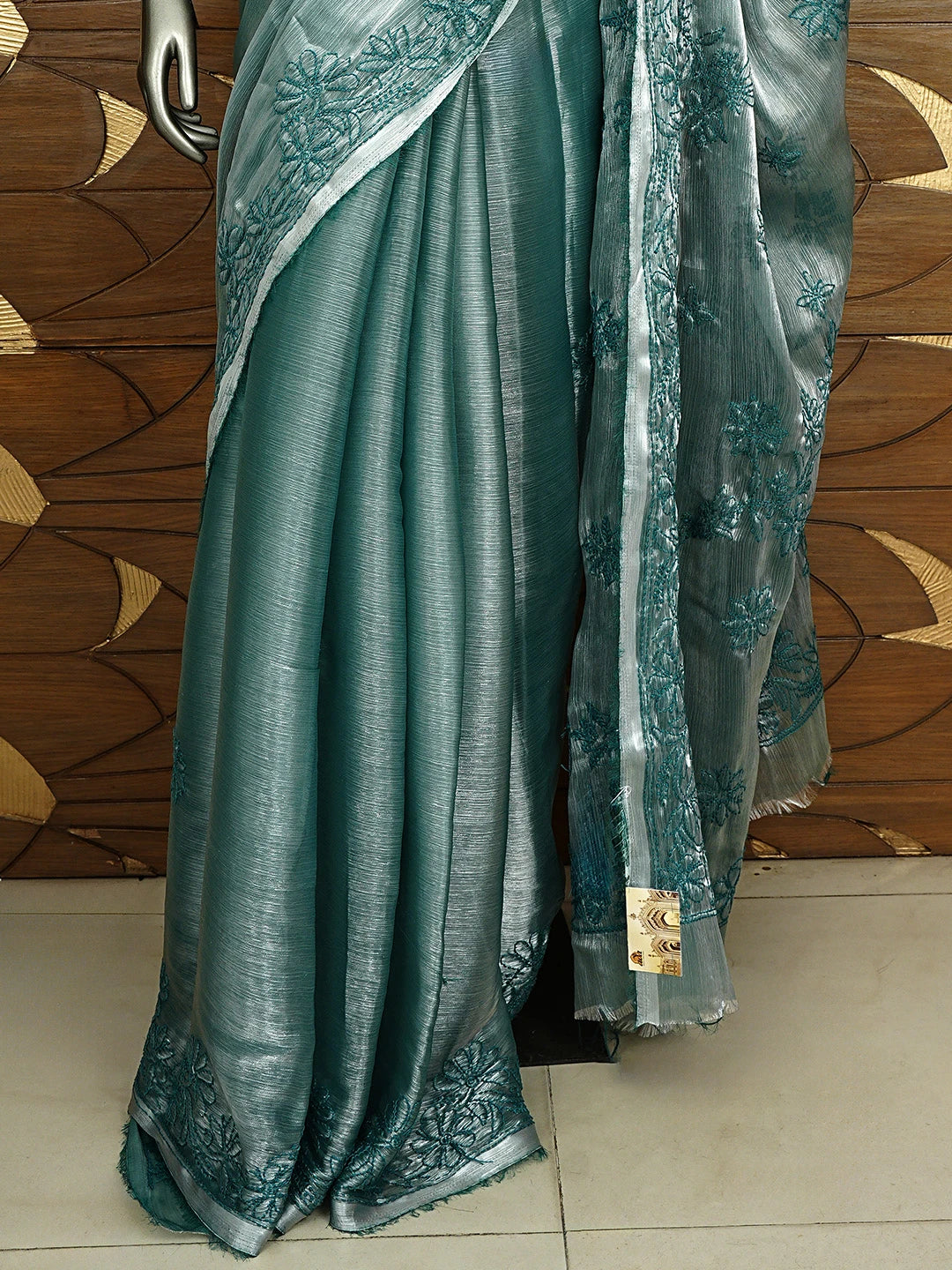 Ada Hand Embroidered Green Tissue Lucknowi Chikankari Saree and Blouse 01A919786