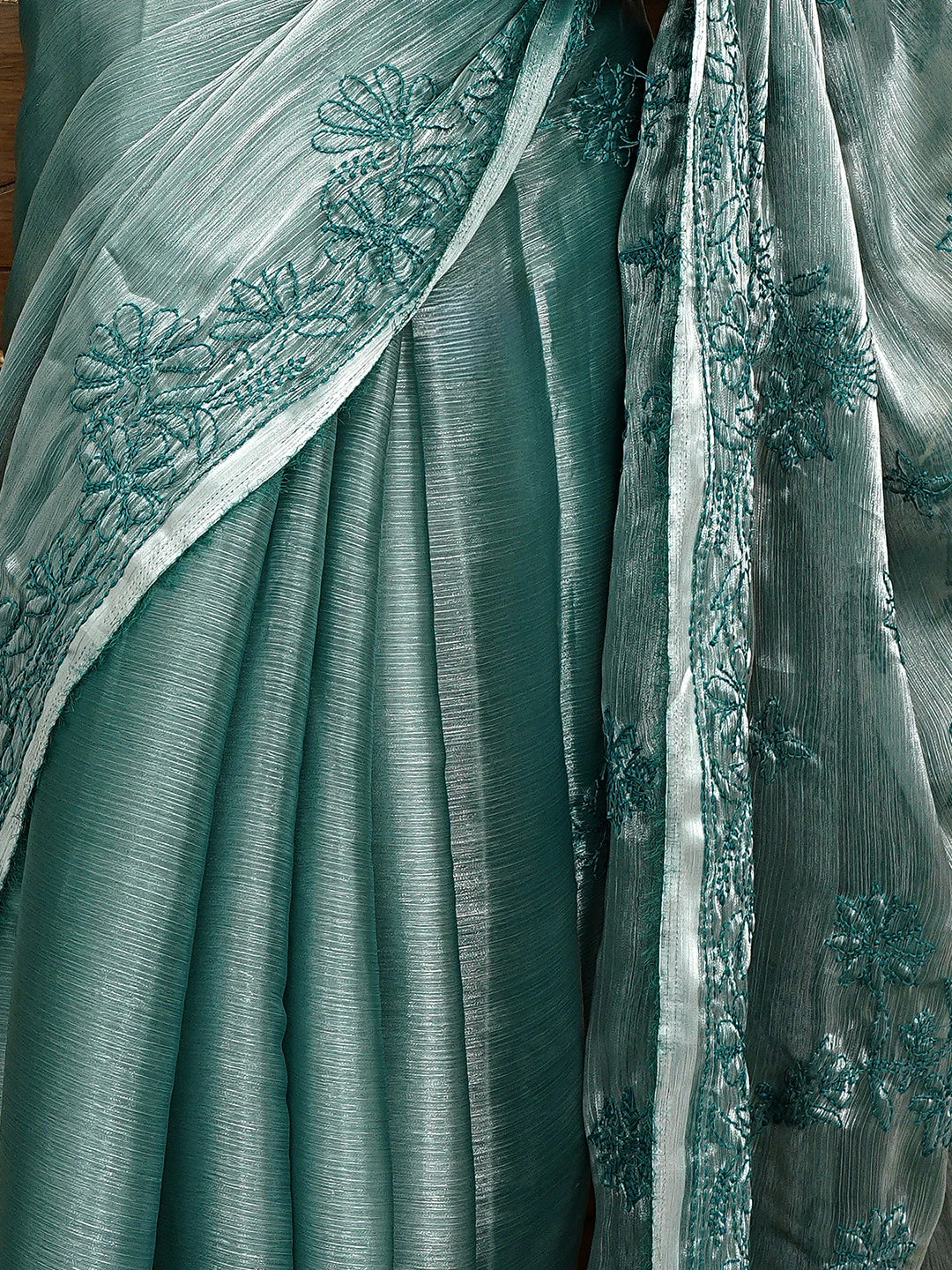 Ada Hand Embroidered Green Tissue Lucknowi Chikankari Saree and Blouse 01A919786