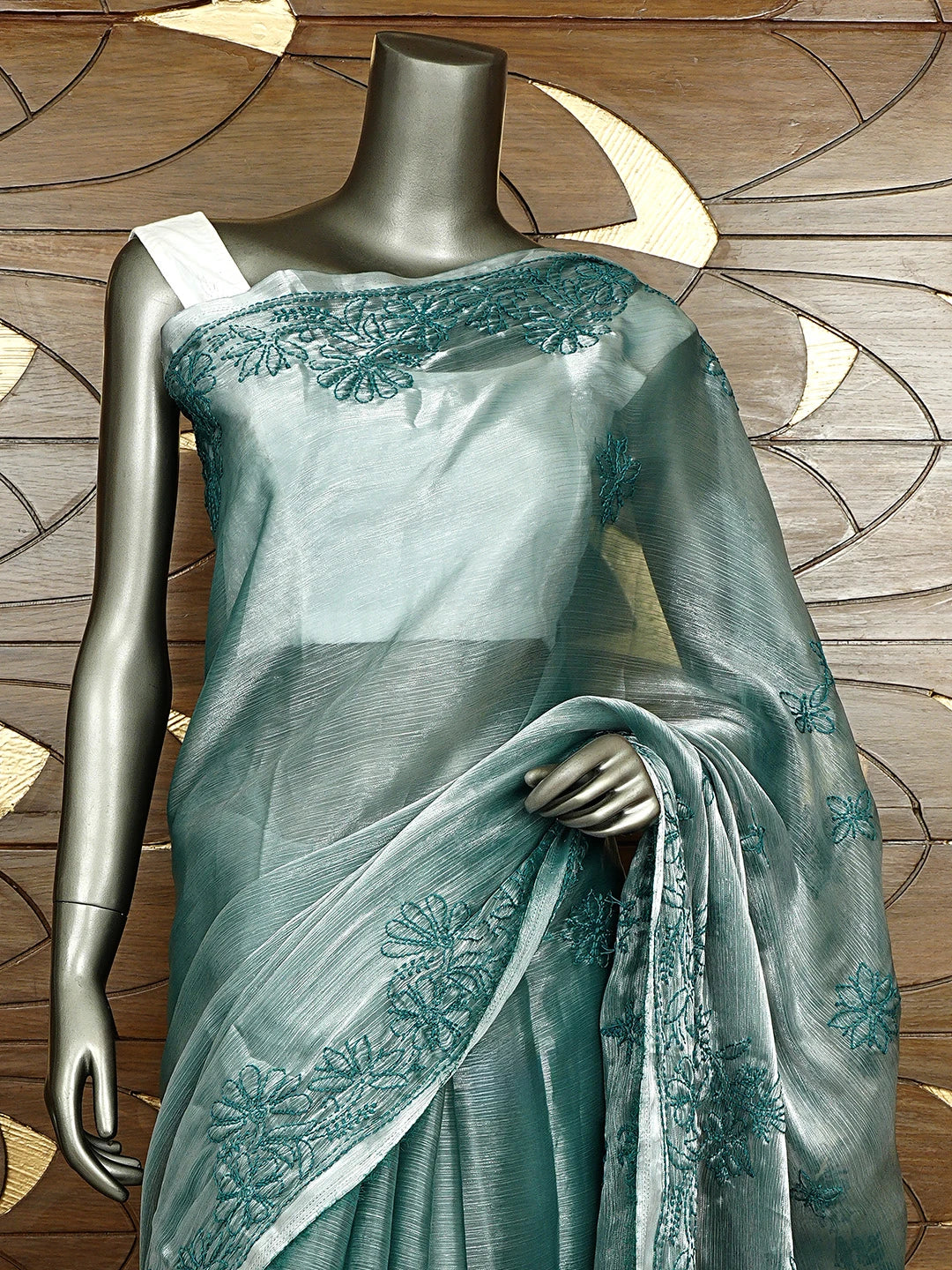 Ada Hand Embroidered Green Tissue Lucknowi Chikankari Saree and Blouse 01A919786