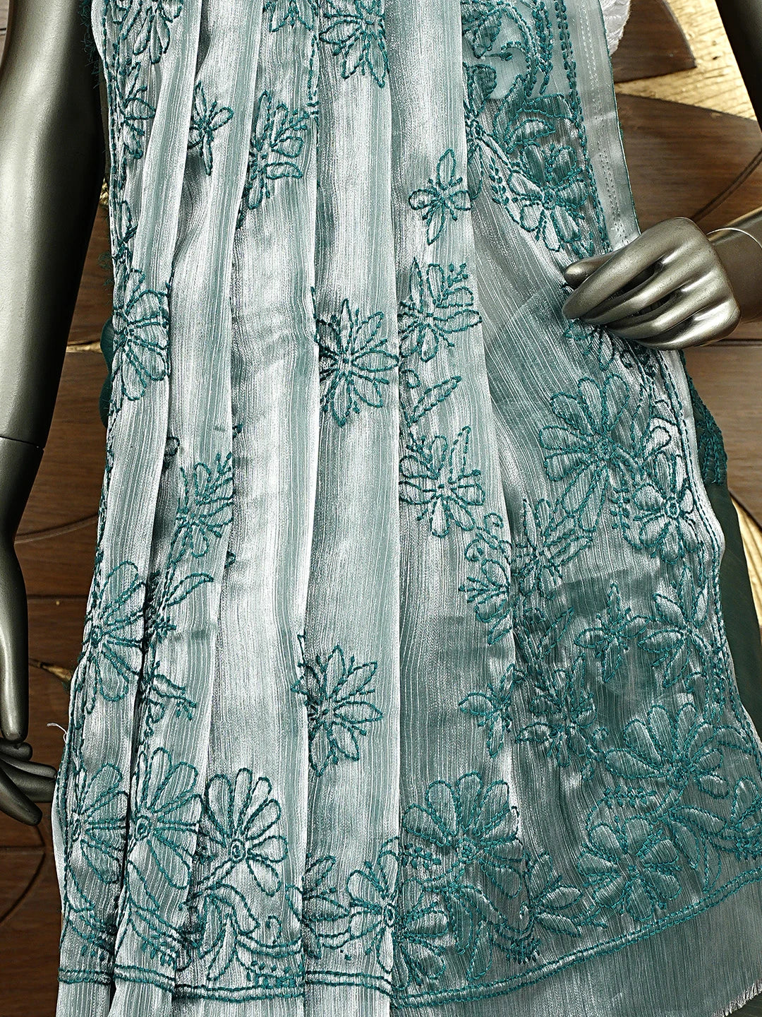 Ada Hand Embroidered Green Tissue Lucknowi Chikankari Saree and Blouse 01A919786