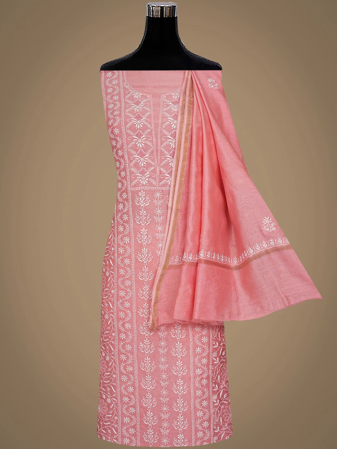 Ada Hand Embroidered Dusty Peach Chanderi Lucknowi Chikankari Unstitched Kurta Dupatta Set 01A936202